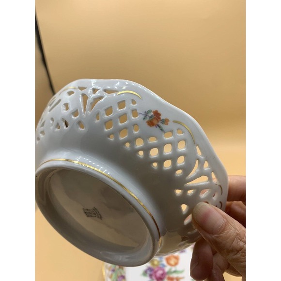 VTG DRESDEN Schumann Porcelain Reticulated Candy/Nut Dish and Bowl Floral Gold - Picture 7 of 13